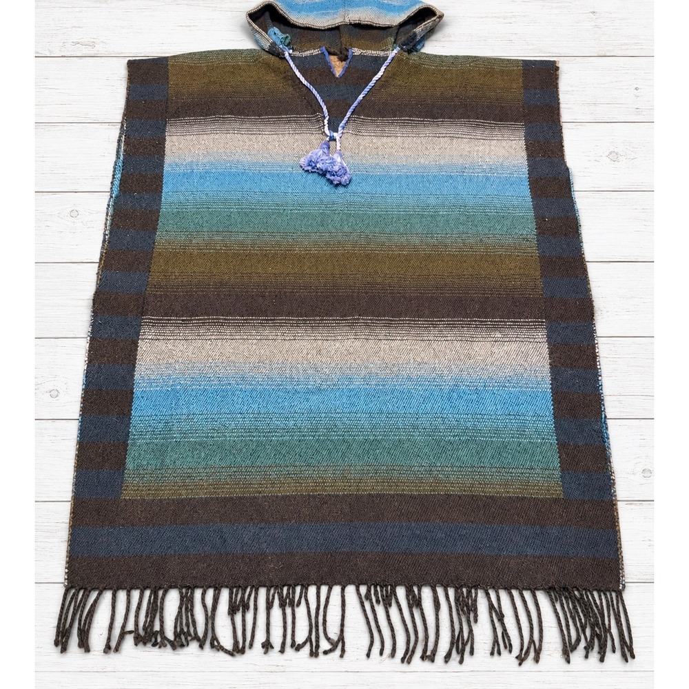 Poncho Hooded Pullover Striped Boho Hippie Halloween Layering Fringe One Size